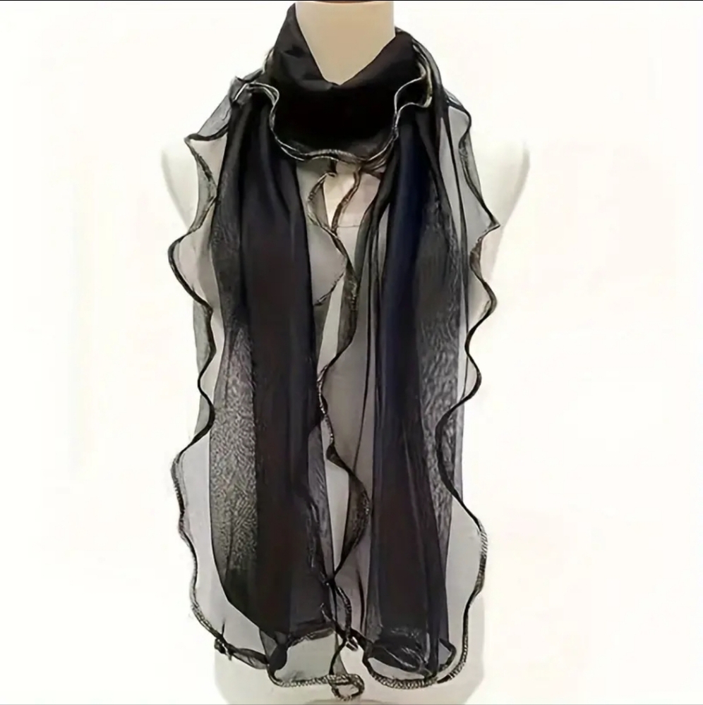Scarf Gold Ruffle Trim Sheer Black